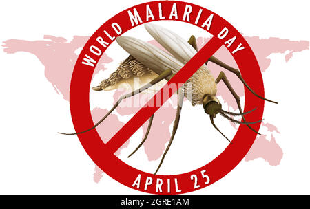 Logo o banner del World malaria Day senza segni di zanzara sulla mappa del mondo Illustrazione Vettoriale