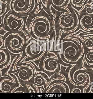 Modello vettoriale senza giunture beige stock di spirali e angoli su sfondo marrone.Beige modello vettoriale geometrico senza giunture di spirali lisce e. Illustrazione Vettoriale