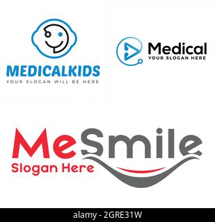 Bambini icona medica stetoscopio testa sorriso logo design Illustrazione Vettoriale