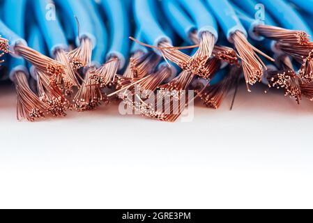 Primo piano dei rottami di filo elettrico in rame su sfondo bianco Foto Stock