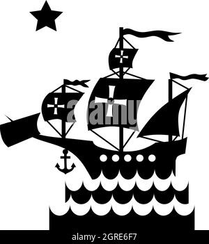 Nave con bandiera di Colombo in mare icona Illustrazione Vettoriale