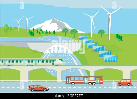 Turbine eoliche, energia idroelettrica e solare, con veicoli elettrici e treno passeggeri, illustrazione Illustrazione Vettoriale