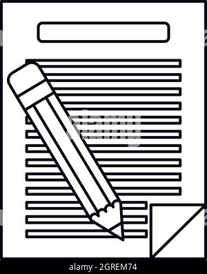Carta rigata e icona a forma di matita, stile contorno Illustrazione Vettoriale