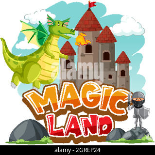 Font design per parola terra magica con drago e cavaliere Illustrazione Vettoriale
