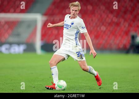 Copenaghen, Danimarca. 30 settembre 2021. Victor Kristiansen (34) del FC Copenhagen visto durante la partita della UEFA Europa Conference League tra il FC Copenhagen e il Lincoln Red Imps FC al Parken di Copenhagen. (Photo Credit: Gonzales Photo/Alamy Live News Foto Stock