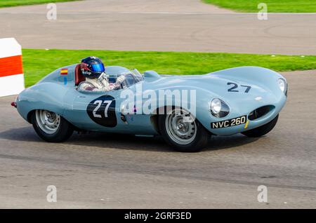 1956 Jaguar D Type Classic, auto da corsa d'epoca, corse nella Lavant Cup al Goodwood Revival 2014. Telaio XKD535, reg NVC 260. Blu pastello Foto Stock