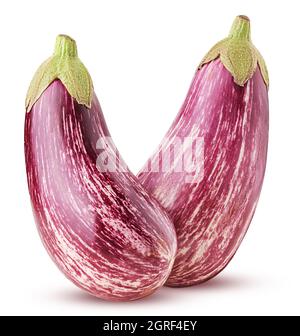 Due graffiti di melanzane viola matura isolati su sfondo bianco. Tracciato di ritaglio. Profondità di campo completa. Foto Stock