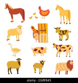 Animali da fattoria set. Disegno a mano isolato vettoriale colorato. Mucca e maiale, pecora e cavallo, pollo e oca. Bestiame, allevamento di bovini Illustrazione Vettoriale