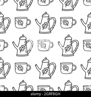 Modello senza cuciture con graziosa teiera con foglie di quercia e tazza di tè o caffè. Illustrazione del vettore Doodle su sfondo bianco. Umore autunnale. Stampa per fabri Illustrazione Vettoriale
