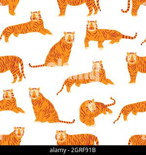 Modello senza cuciture con tigri. Nobile felino a strisce selvatiche, animale veloce e agile. Disegno vettoriale colorato disegnato a mano. Anno della tigre. Retro bianco Illustrazione Vettoriale