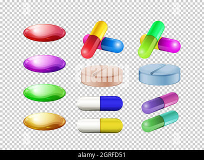 Colori diversi di pillole su sfondo trasparente Illustrazione Vettoriale