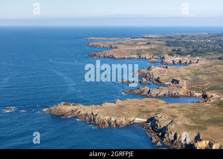 Francia, Vendee, Ile d'Yeu, la Pointe de la Tranche e la costa selvaggia (vista aerea) Foto Stock