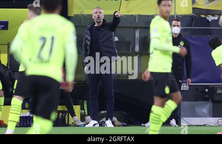 Dortmund, Germania. 28 settembre 2021. Primo: 28.09.2021, Fuvuball, UEFA Champions League, CL, CHL, stagione 2021/2022, fase di gruppo, BVB, Borussia Dortmund - Sporting Lisbon, Lisboa Marco Rose, Gesture Credit: dpa/Alamy Live News Foto Stock