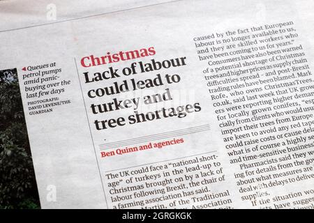 "La mancanza di lavoro di Natale potrebbe portare alla turchia e alla scarsità di alberi" il titolo del giornale all'interno della pagina articolo in Guardian il 27 settembre 2021 Londra UK Foto Stock