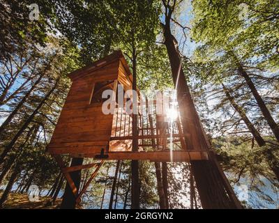 Ragazzo teen che guarda sulla ferrovia di una casa sull'albero accanto ad un lago. Foto Stock