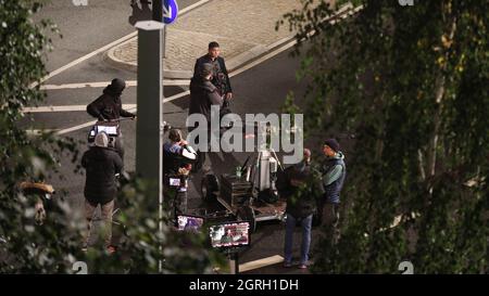 Das set zu Dreharbeiten für die Serie 'Ze Network' mit David Hasselhoff auf dem Postplatz. Görlitz, 30.09.2021 Foto Stock