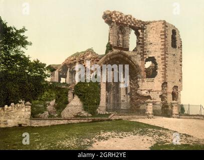 Foto vintage a colori a mano circa il 1890 del castello di Denbigh costruito nel 13 ° secolo da Enrico il primo come parte delle sue fortificazioni militari a sottometter il gallese. Ora è un monumento antico programmato Foto Stock