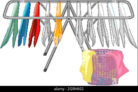 Vestiti appesi con cesto di biancheria su sfondo bianco Illustrazione Vettoriale