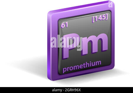 Elemento chimico del prometio. Simbolo chimico con numero atomico e massa atomica. Illustrazione Vettoriale