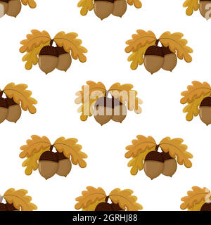 Ghiande con foglie senza cuciture modello autunnale. Sfondo caduta con frutti di quercia. Modello per tessuto, imballaggio e carta da parati, illustrazione vettoriale. Illustrazione Vettoriale