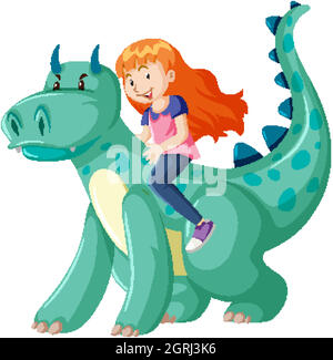 Girl a cavallo su dinosauro personaggio cartoon isolato su sfondo bianco Illustrazione Vettoriale