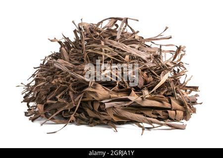 mucchio di foglie essiccate di alberi di banana, morti, caduti e scoloriti per fare il composto del giardino, closeup isolato su sfondo bianco Foto Stock