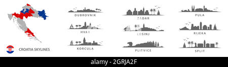 Raccolta di lucernari croati, grandi città in Croazia, Europa orientale. Dubrovnik, Zadar, Pula, Hvar, Losinj, Rijeka, Korcula, Plitvice, Spalato. Illustrazione Vettoriale