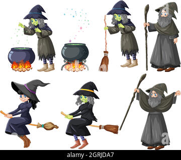 Set di wizard o streghe e strumenti stile cartoon isolato su sfondo bianco Illustrazione Vettoriale