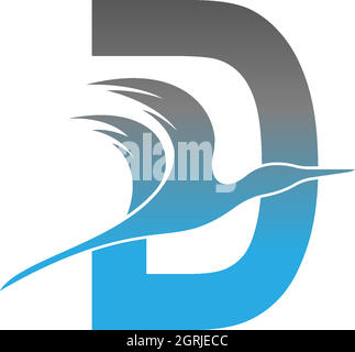 Logo lettera D con icona a forma di uccello pelicano Illustrazione Vettoriale