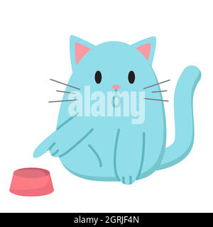 Il gatto grasso blu cartoon punta a svuotare la ciotola. Carino illustrazione vettoriale. Divertente stampa per confezione di adesivi, emoji, emoticon. Può essere utilizzato per t-shirt, abiti Illustrazione Vettoriale