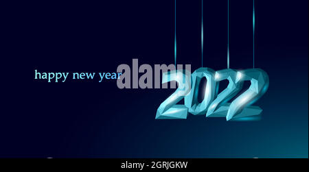 2022 New Year 3D ghiaccio texture. Illustrazione del numero di neon blu scuro con forma brillante. Biglietto d'auguri per poster in acciaio cromato color argento per la celebrazione della decorazione Illustrazione Vettoriale