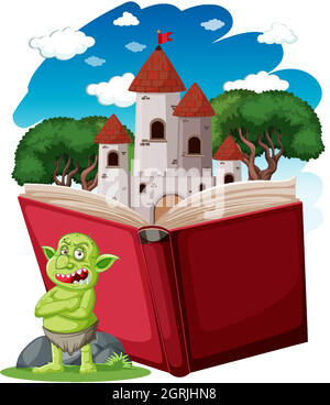 Goblin o troll personaggio cartoon con un libro di storia Illustrazione Vettoriale