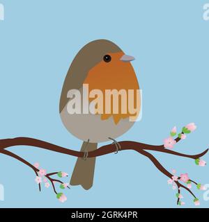 Un uccello di robin molto carino nella forma di un uovo. Sfondo blu. L'uccello siede su un ramo con fiori rosa. Illustrazione Vettoriale