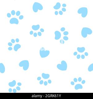 Sfondo blu senza cuciture con zampe per stampe di animali e cuori. Illustrazione Vettoriale