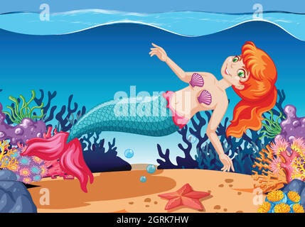 Carino mermaids stile cartoon personaggio cartoon su sfondo mare Illustrazione Vettoriale