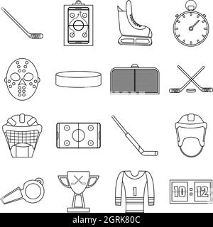 Elementi di hockey di set di icone di stile di contorno Illustrazione Vettoriale