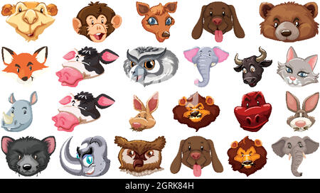 Set di diversi simpatici animali cartoon testa enorme isolato su sfondo bianco Illustrazione Vettoriale