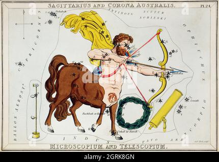 Sidney Hall (1788-1831) – grafico astronomico raffigurante Sagittario e Corona Australis, Microscopio e Telescopio. Il Sagittario centauro. Foto Stock
