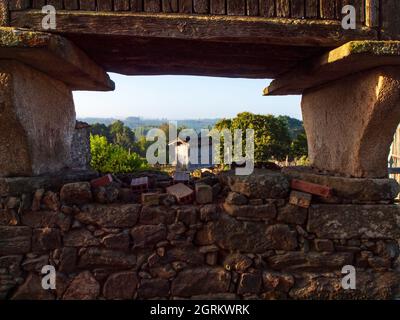 Costruzioni galiziane tipiche per immagazzinare grano Foto Stock