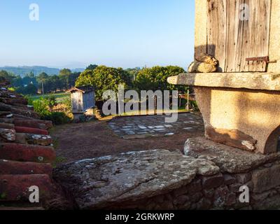 Costruzioni galiziane tipiche per immagazzinare grano Foto Stock