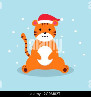 Carino cartoon vettore Natale tigre in cappello Illustrazione Vettoriale