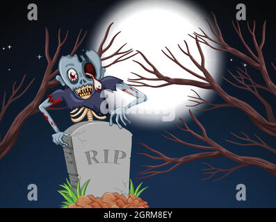 zombie in cimitero di notte Illustrazione Vettoriale