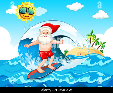 Babbo Natale surf in spiaggia per Natale estivo Illustrazione Vettoriale