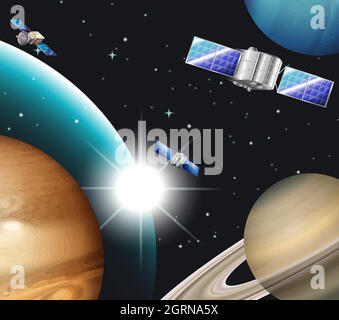 Scena di sfondo con satelliti nello spazio Illustrazione Vettoriale