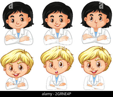 Set di ragazzo e ragazza in abito scienza con diverse espressioni facciali Illustrazione Vettoriale
