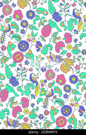 Motivo di sfondo floreale senza cuciture. Illustrazione vettoriale etnica. Fiori fantasy e uccelli. Stile orientale Illustrazione Vettoriale