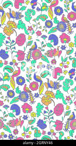 Motivo di sfondo floreale senza cuciture. Illustrazione vettoriale etnica. Fiori fantasy e uccelli. Stile orientale Illustrazione Vettoriale