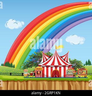 Scena circense con arcobaleno nel cielo Illustrazione Vettoriale