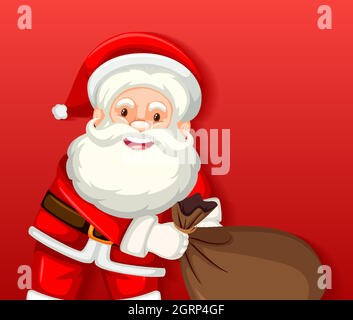 Carino Babbo Natale che tiene il personaggio cartoon della borsa su sfondo rosso Illustrazione Vettoriale