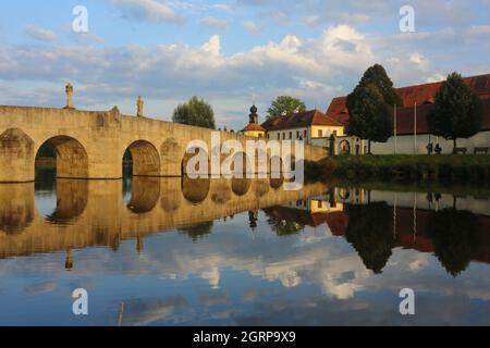 Tirschenreuth, Oberpfalz, Bayern Brücke und Teich im Fischhofpark zum Wandern und Spazierengehen oder Relaxen in der Freizeit oder im Urlaub Foto Stock